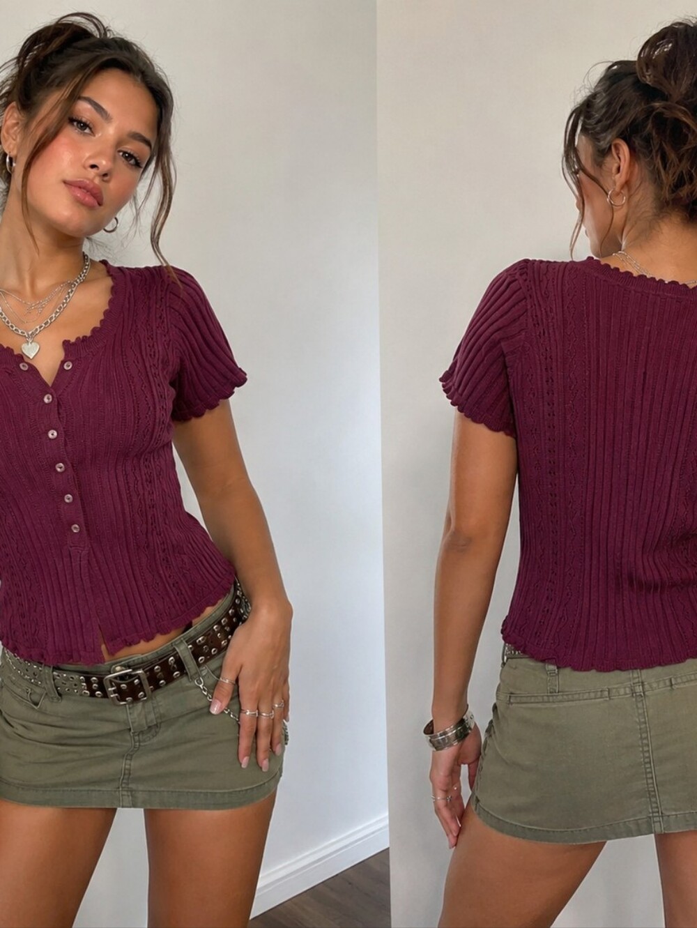 American Eagle Burgundy Ribbed Knit Y2K Henley Lightweight Sweater/Top – Women’s